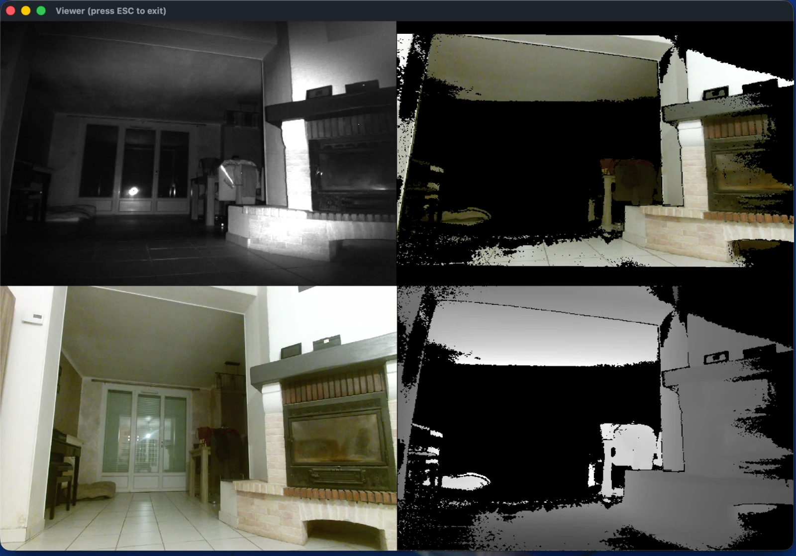 Protonect showing a room in infrared, RGB, depth and registered color views