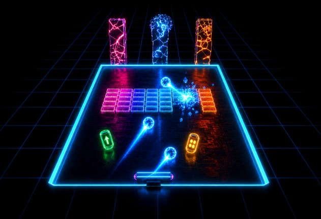 A Neon Shatter arena: an electric-blue frame with three cracked-neon
pillars behind it, several balls trailing comet streaks, power-up capsules,
and neon bricks breaking apart.